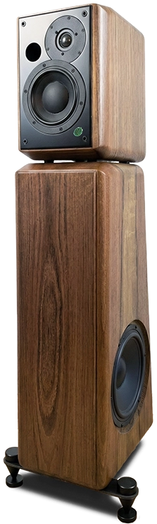 Système d'enceintes Hi-Fi haut de gamme Atelier ASA Grand Monitor Pro. Comprend un moniteur supérieur en bois massif sur pied de woofer, Tweeter à dôme et Woofer visible, piètement métallique noire