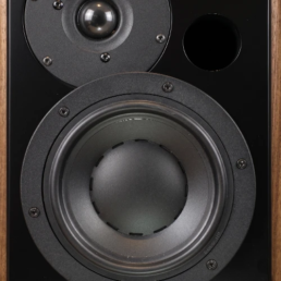 Détail de la façade en bois massif de l'enceinte Hi-Fi Atelier ASA Grand Monitor Pro, montrant le haut-parleur et le logo gravé